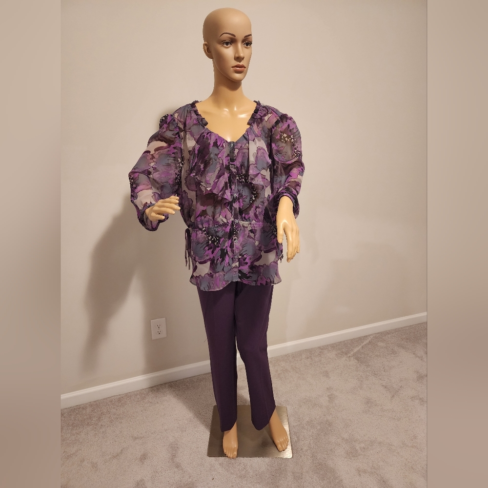 New York & Company 7th Avenue Straight Leg Pants & Sheer Floral Blouse by ELLE